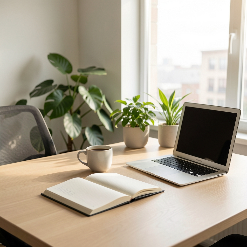 Bureau épuré avec un carnet ouvert, une tasse de café, des feuilles de plantes vertes et un ordinateur portable argenté, lumière naturelle douce provenant d'une grande fenêtre, atmosphère de travail intellectuel serein