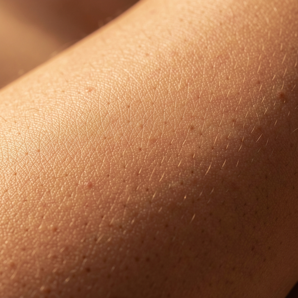 Gros plan de la peau humaine avec une texture lisse et saine sous un éclairage chaud et dirigé qui met en valeur la structure naturelle de la peau