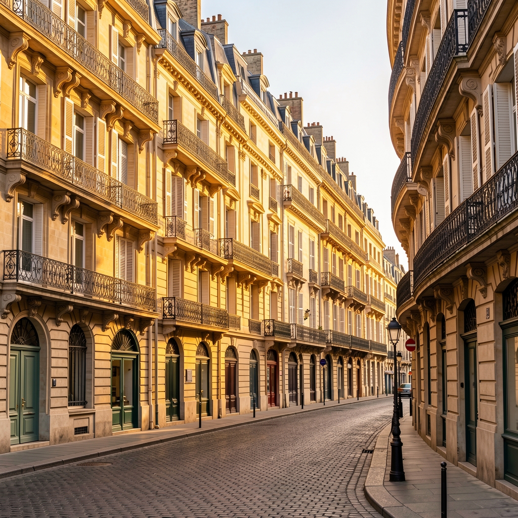 Vue de la rue typique du centre historique de Lyon avec ses immeubles haussmanniens en pierre dorée, façades élégantes avec volets et balcons en fer forgé, lumière de fin d'après-midi chaleureuse