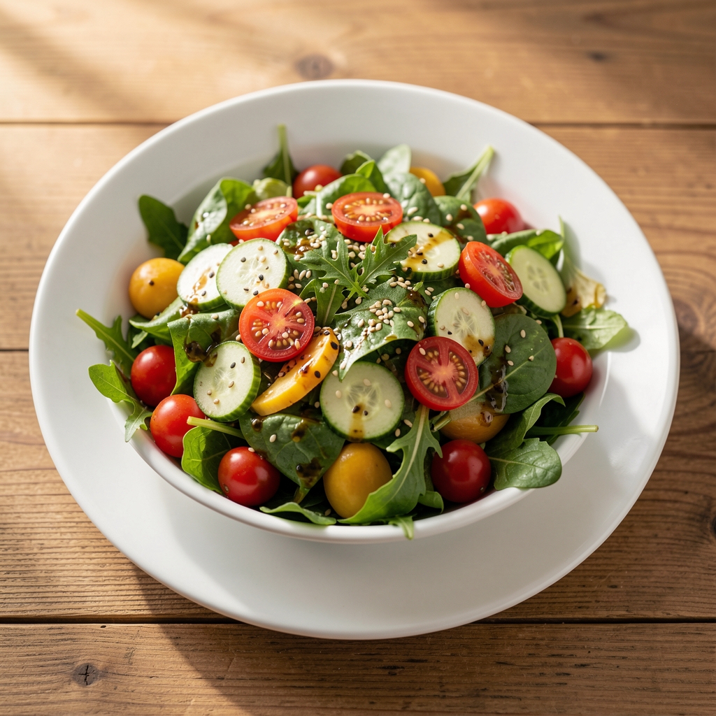 Grand bol de salade fraîche et colorée avec légumes verts, tomates cerises, graines de sésame et vinaigrette légère sur une table en bois naturel, éclairage lumineux
