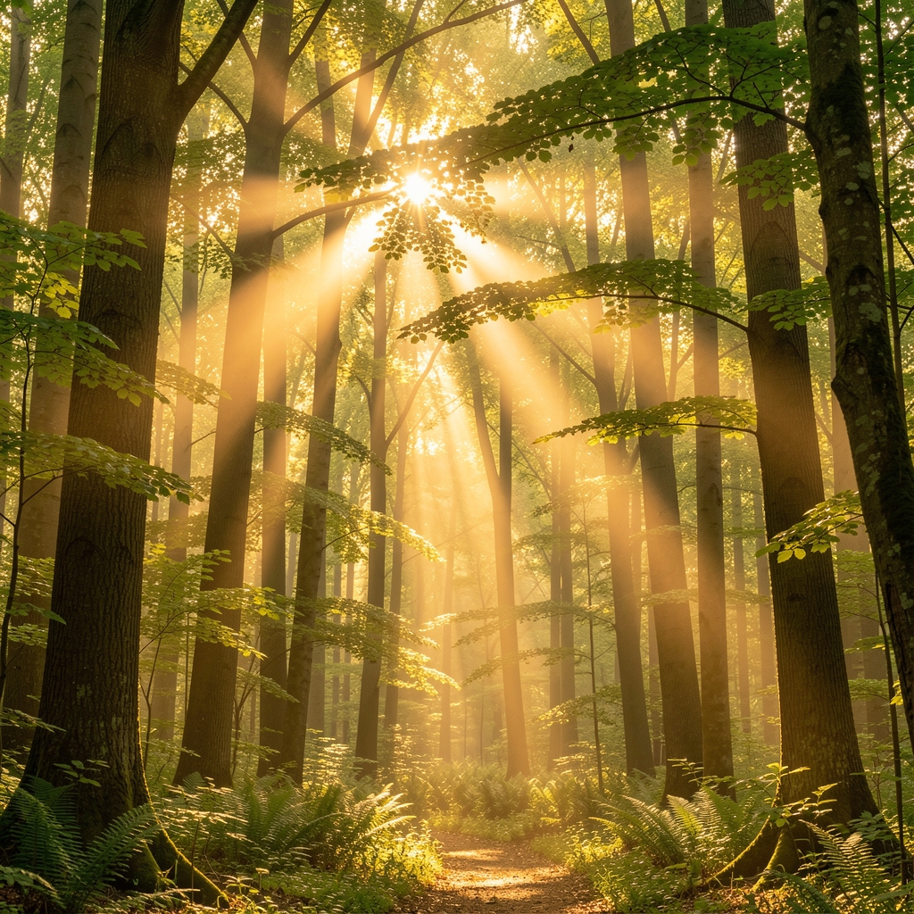 Forêt baignée de lumière dorée du matin avec des rayons de soleil filtrant à travers les feuilles vertes, atmosphère sereine et naturelle