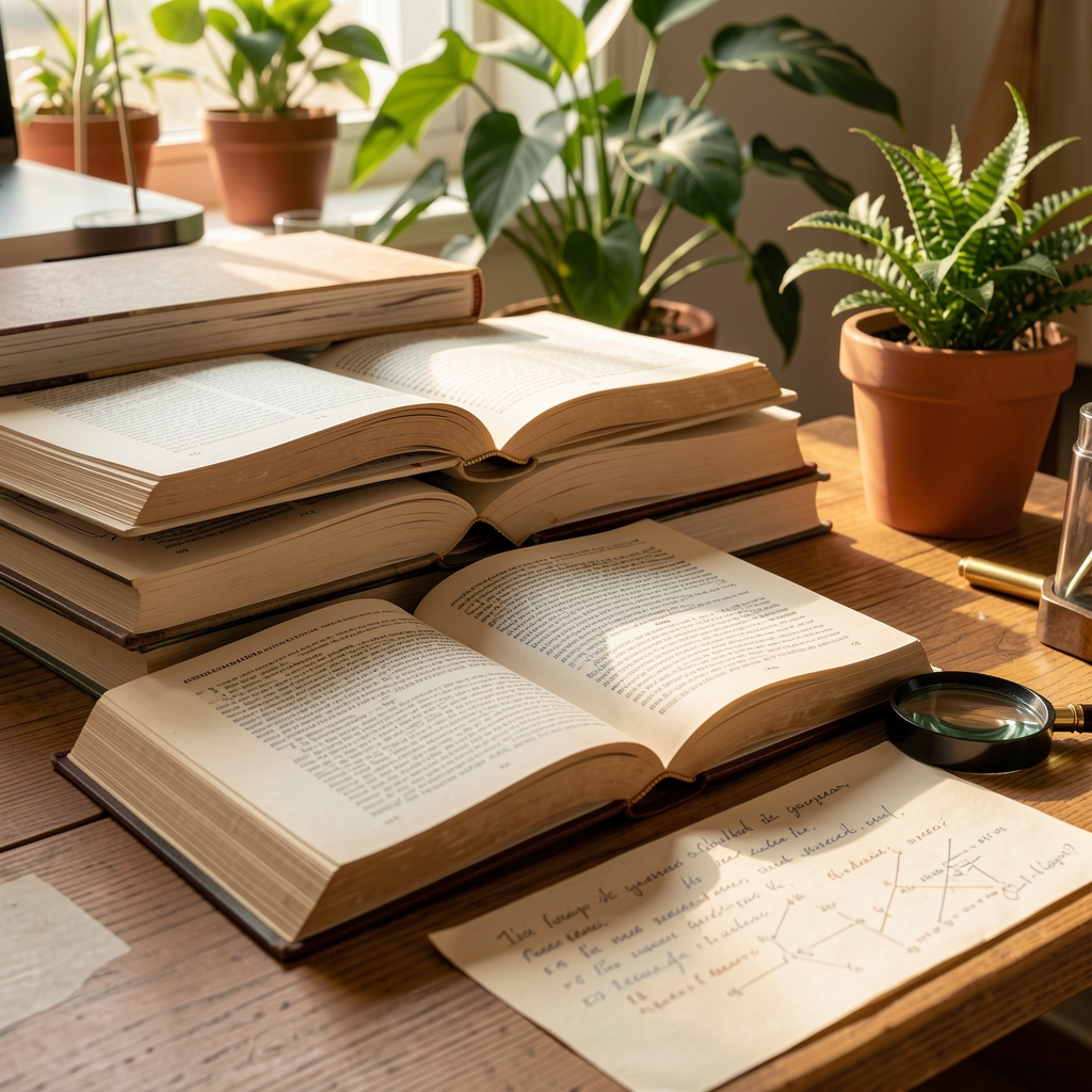 Pile de livres scientifiques ouverts sur un bureau en bois avec des notes manuscrites, une loupe et des plantes vertes en arrière-plan, lumière chaude de bureau évoquant la recherche sérieuse
