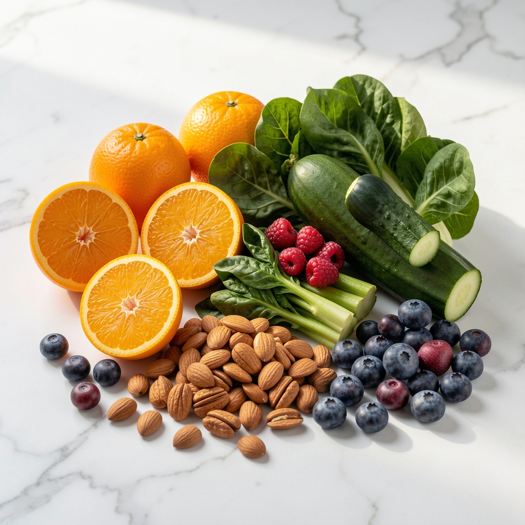 Sélection variée d'aliments riches en vitamines&nbsp;: agrumes, légumes verts, noix et baies disposés harmonieusement sur une surface en marbre blanc, éclairage naturel
