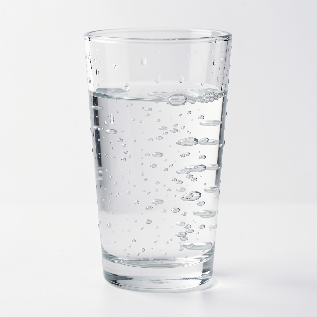 Verre d'eau cristalline avec des bulles délicates sur fond blanc épuré, gouttelettes d'eau fraîche sur la surface du verre, lumière naturelle douce
